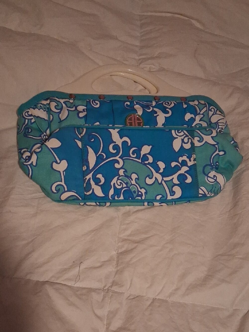 Turquoise Swirl Hand Bag with Cream Handles Lilly Pulitzer - Picture 3 of 13